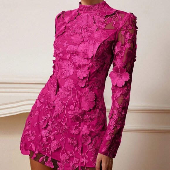 Hot Pink Elegant Women's Embroidery Floral Embroidered long sleeve Mesh  dress